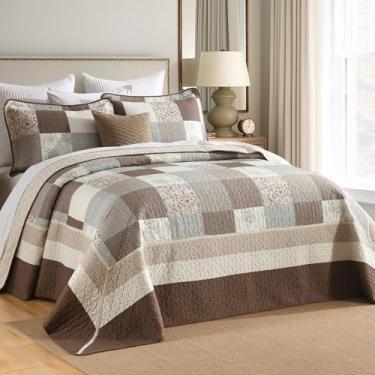 Imagem de DDUOXIN Colcha King superdimensionada – 325 cm L x 120 C Colcha extragrande 100% algodão, colcha de cama leve xadrez Paisley com 2 fronhas, marrom/bege/cinza