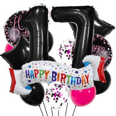 Imagem de Conjunto de decoração de aniversário de 17 anos, balão de coração preto de 17 anos, balão colorido de feliz aniversário de 17 anos para meninas, meninos, crianças, adultos, decoração de aniversário de