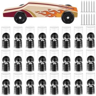 Imagem de Timtin 24 Set Wheels and Axels Kit Compatible with Pinewood Derby, Derby Car Kit Pine Wood Wheels for Multi Car Projects with Storage Box (Black)