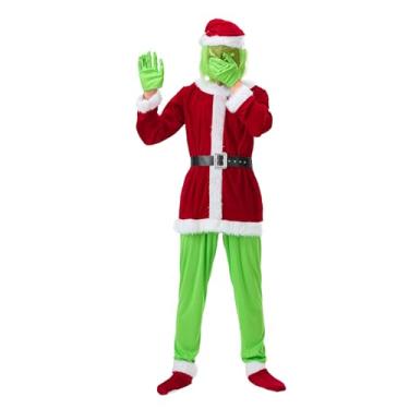 Imagem de Nancun Fantasia de Natal feminina adulta com capuz monstro peludo vermelho e verde Papai Noel cosplay roupa de festa, Verde, XXG