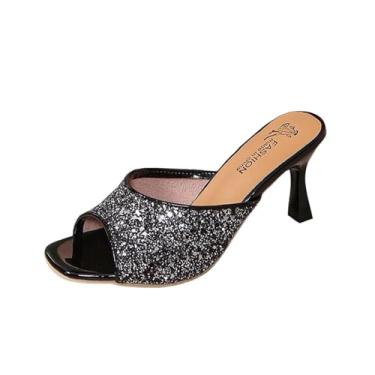 Imagem de Sandálias femininas casuais casuais de bico aberto de tecido chinelos de salto alto com salto de 7,5 cm para mulheres, Prata, 38