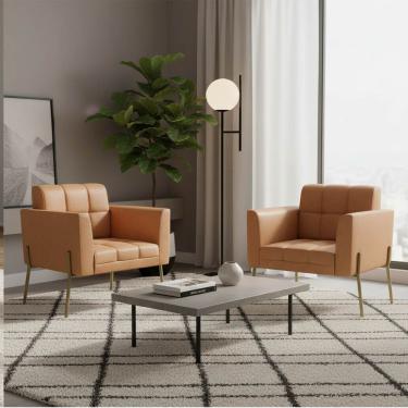 Imagem de Poltrona Sala Decorativa Kit 2 Elisa Pé Aço Lateral Dourado Sintético PU Whisky D03 - D'Rossi