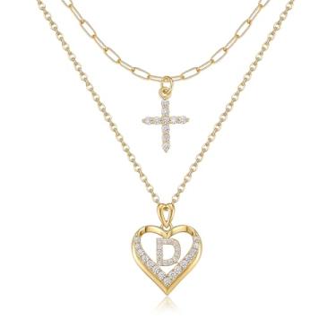 Imagem de YOVIEE Colar com letra inicial para mulheres, banhado a ouro 14 K, zircônia cúbica, coração, conjunto de colar com pingente de cruz, colar, moderno, fofo, gargantilha, colar, joia presente para ela