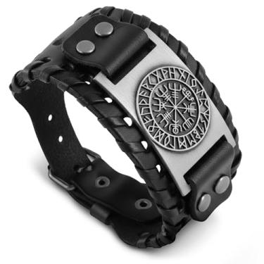 Imagem de Pulseira Viking masculina – Pulseira de couro nórdico para homens com alça ajustável, punho Vegvisir, amuleto de liga de zinco, símbolo nórdico – joias viking, estilo escandinavo feito à mão |