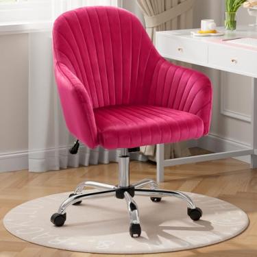 Imagem de Warmiehomy Cadeira de mesa de veludo para escritório em casa, cadeira de trabalho giratória ajustável moderna, cadeiras femininas com descanso de braço para quarto de vestiário, Barbie rosa