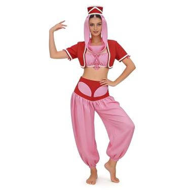 Imagem de Cosearlm Fantasia de gênio feminina Dream Genie rosa árabe conjunto completo de fantasia de Halloween (rosa, médio)