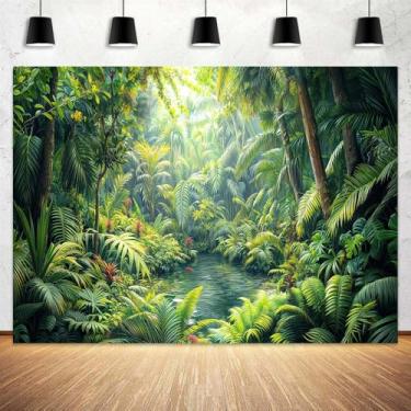 Imagem de Cenário de selva verde para o verão, floresta tropical, cenário natural, decoração de festa de aniversário para crianças, adultos, adereços para cabine de fotos, 19 x 1,5 m