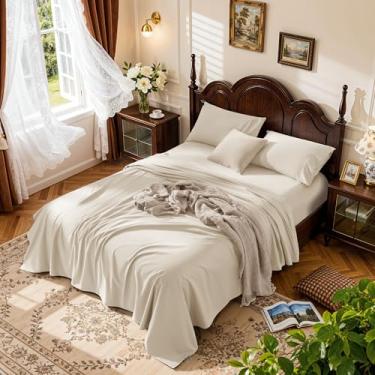 Imagem de LBRO2M Jogo de lençóis 1000 fios 100% algodão egípcio tamanho Queen, conjunto de 4 peças lençol de cama com bolso profundo 40,6 cm macio e confortável para todas as estações (Queen, creme de manteiga)