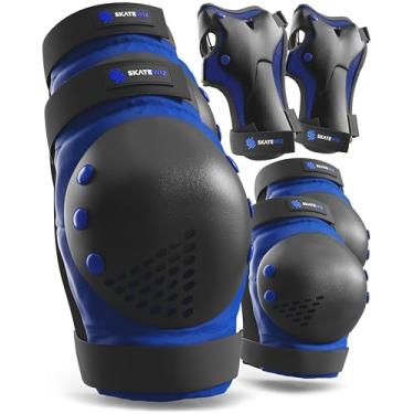 Imagem de SKATEWIZ Equipamento de proteção de patinação para adultos – Smash – Tamanho G em azul e preto – Almofadas de skate para adultos – Joelheiras – Equipamento protetor de skate para adultos