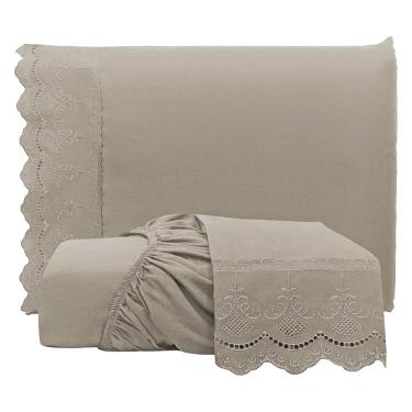 Imagem de Jogo de Lençol Realce Casal 3 Peças Percal 300 Fios Bordado Inglês Macio - Fendi - 100% Poliéster