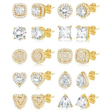 Imagem de Tornito Brincos de zircônia cúbica banhados a ouro 18K para mulheres e homens, brincos de diamante simulado de halo de aço inoxidável, redondo, coração, quadrado, nó de lágrima, triângulo, strass