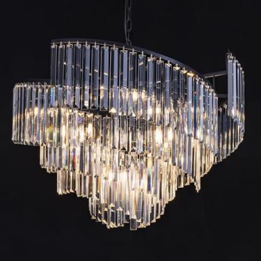 Imagem de TOCHIC Lustres de cristal preto, lustres modernos de casa de fazenda com 9 luzes para quarto, sala de jantar, design em espiral, lustre de teto alto para sala de estar, entrada, 78 cm C