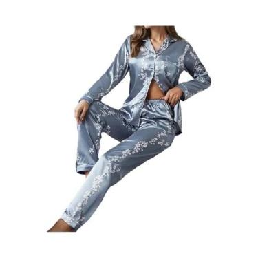 Imagem de Conjunto De Pijama Feminino De Cetim, Manga Comprida, Com Botões, Calç