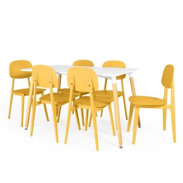 Imagem de Conjunto Mesa De Jantar Retangular Eiffel Branca 120x80cm Com 6 Cadeiras Itália - Amarelo