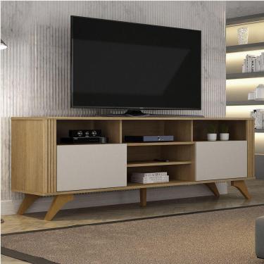 Imagem de Rack Bancada 2 Portas Pés Madeira Maciça Mariana Vademoveis Cinamomo/off White