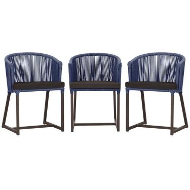 Imagem de 3 Cadeiras De Jantar Noronha Marrom Corda Náutica E9 Trama Azul