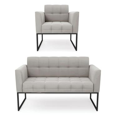 Imagem de Kit 1 Sofá Namoradeira E 1 Poltrona Elisa Veludo Cinza Base Metálica Industrial Preto - D'rossi
