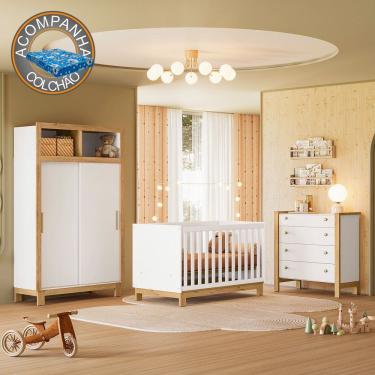 Imagem de Quarto de Bebê Completo Flora com Berço Cômoda e Roupeiro 5085 Branco Qmovi + Colchão Ortobom