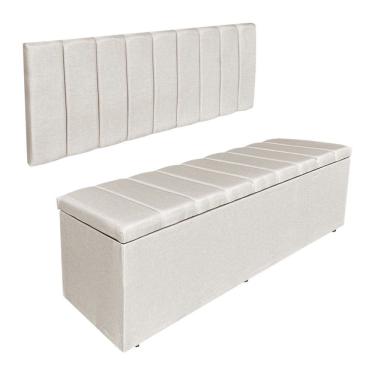 Imagem de Kit Cabeceira Painel E Calçadeira Recamier Baú Casal 1,40m Holanda Linho - Pallazio Cor Bege
