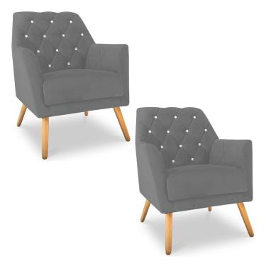 Imagem de Kit 2 Poltronas Velvet Strass Veludo Pés De Madeira Grafite - Pallazio