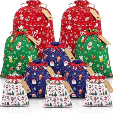 Imagem de Conjunto de sacolas de presente com cordão de tecido de Natal, 10 peça