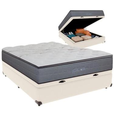 Imagem de Cama Box Baú Casal e Colchão Ares Molas Ensacadas Colchobel Palha