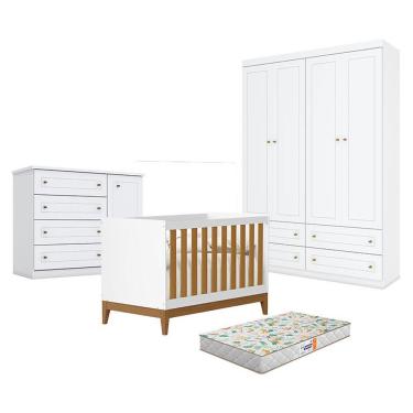 Imagem de Quarto De Bebê Americano 4 Portas Com Berço Americano Flip Branco Acetinado Savana Reller E Colchão Gazin - Henn