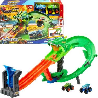 Imagem de Pista Hot Wheels Monster Trucks Sharks vs Dinos Dragon Demolition Matt
