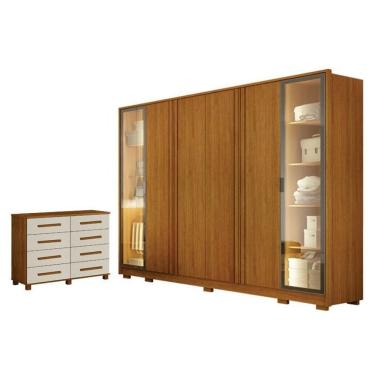 Imagem de Guarda Roupa Casal Prime 6 Portas Com Led Cinamomo Com Cômoda San Marino 8 Gavetas Cina...