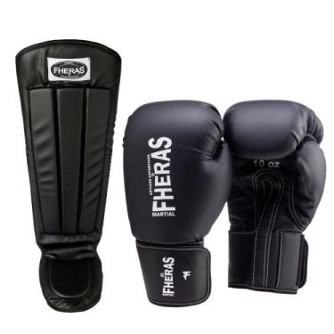 Imagem de Luva para Muay Thai Boxe Fheras Com Caneleira Anatômica Preta, Preto, 