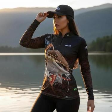 Imagem de Camisa Camiseta de Pesca Feminina Pirarara Rosa King Proteção Solar UV