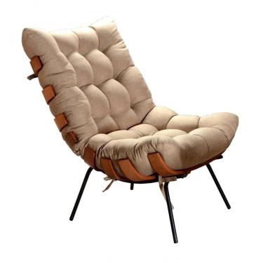 Imagem de Poltrona Costela Design Ergonômico Estrutura Aço Ripas Madeira Almofada Fibra Silicone Linho Marrom 150 Bella Decor