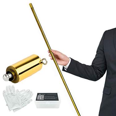 Imagem de Cana de metal Xfunjoy com luvas grátis e turística de vídeo, bolso Bo Staff Magic Cane Stage Close-up Magic Trick, Golden 110cm