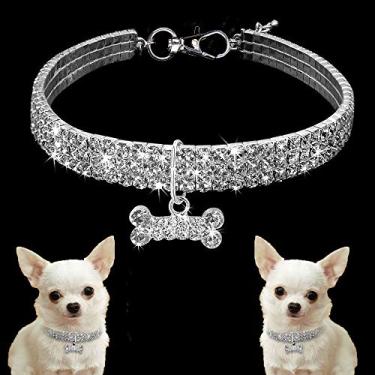 Imagem de Colar de 3 fileiras de strass para animais de estimação Kingdom Amazing com coleira de cachorro e strass brilhante, acessórios de casamento para festa, branco, P: 20,3 a 25,4 cm