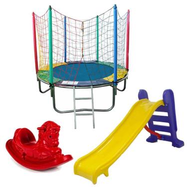 Imagem de Cama Elástica Pula Pula Trampolim  Colorida 1,83m + Escorregador Médio + Gangorra 1 lugar 