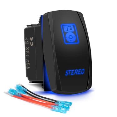 Imagem de Interruptor basculante estéreo, 5 pinos, laser liga/desliga, luz LED azul 20A/12V 10A/24V interruptor com conjunto de fios jumper para automóveis, barcos, caminhões, veículos marinhos, Jeep off-road, ônibus, trailers, música CD ¡