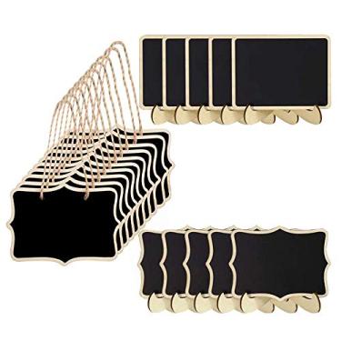 Imagem de Pacote com 20 mini placas de quadro-negro em 2 designs, etiquetas de quadro-negro com suporte, etiquetas de quadros-negros com cordão para pendurar, quadro de madeira para quadro de mensagens, placas de alimentos, casamentos, decorações de evento, 20PCS