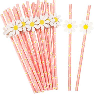 Imagem de 100 peças de canudos de papel margarida decorações de festa de margarida descartáveis dois canudos de margarida canudos florais rosa para crianças meninas suprimentos de festa de aniversário Little Cutie Baby Chá de bebê decoração de casamento