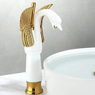 Imagem de Torneira de banheiro Torneira de lavatório Vintage cheia de cobre Água quente e fria em forma de cisne Manípulo único Torneira de banheiro preta, alta platina