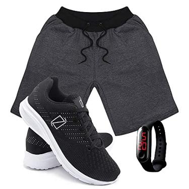 Imagem de Kit Bermuda Moletom Masculina + Tenis Masculino Conforto + Relógio Digital - Grafite-PretoBranco/M-41