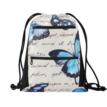 Imagem de FRODOTGV Mochila com cordão Blue Butterflies à mão com texto escrito à mão mochila resistente à água para academia, natação, academia, bolsa de cordão, Notas de texto escritas à mão com borboletas