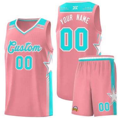 Imagem de Camiseta de basquete personalizada com logotipo de número de nome, regata e shorts estampados personalizados para homens mulheres jovens, 15.pink/Aqua, One Size