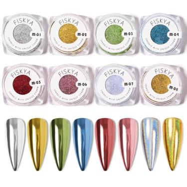Imagem de Fiskya Pó para unhas cromado, efeito espelhado, holográfico, iridescente, decoração de arte de unhas, pó com glitter, prata, ouro, vermelho, verde, azul, rosa e laser prateado a laser, ouro, 8 cores,