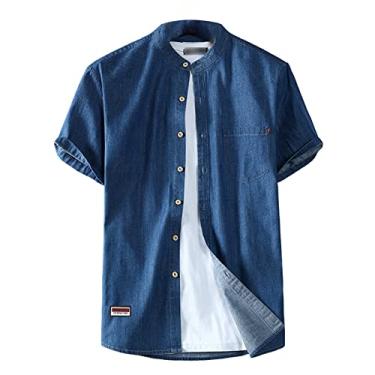 Imagem de Camisa masculina jeans de algodão manga curta gola alta caimento solto top com bolso, Azul-escuro, 3G