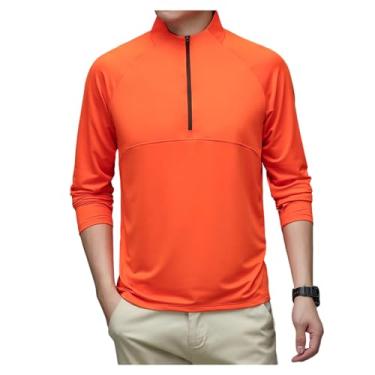 Imagem de Camisetas esportivas masculinas de manga comprida gola alta camiseta polo respirável fitness camisetas elásticas, Laranja, 3G