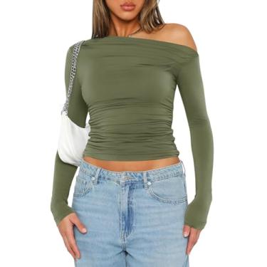 Imagem de LOMON Camiseta feminina de manga comprida com ombros de fora para sair camiseta sexy primavera franzida roupas Y2K, Verde exército modal, P