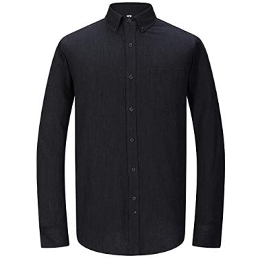 Imagem de MGWDT Camisa social masculina manga longa Oxford abotoada clássica blusa de algodão resistente a rugas, Cinza nas costas, G