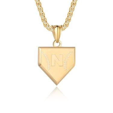 Imagem de Colar com inicial A-Z para meninos, aço inoxidável, com pingente de escudo de letras, corrente de 52 + 5 cm inspiradora de beisebol, joia de presente para homens, Ouro, Sem Pedra Preciosa