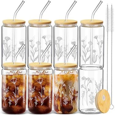 Imagem de Zubebe Copo de cerveja com design de flores silvestres com tampas e canudo copos florais boho copo de café gelado bonito copo de café estético boho caneca de café com 2 escovas de limpeza para beber (transparente, 8 peças)