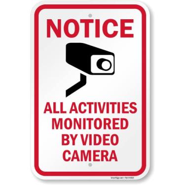 Imagem de SmartSign Placa de metal "Aviso - Todas as atividades monitoradas por câmera de vídeo", composto de alumínio de 120 mm (ACM), material refletivo de grau de engenheiro, vermelho, preto e branco